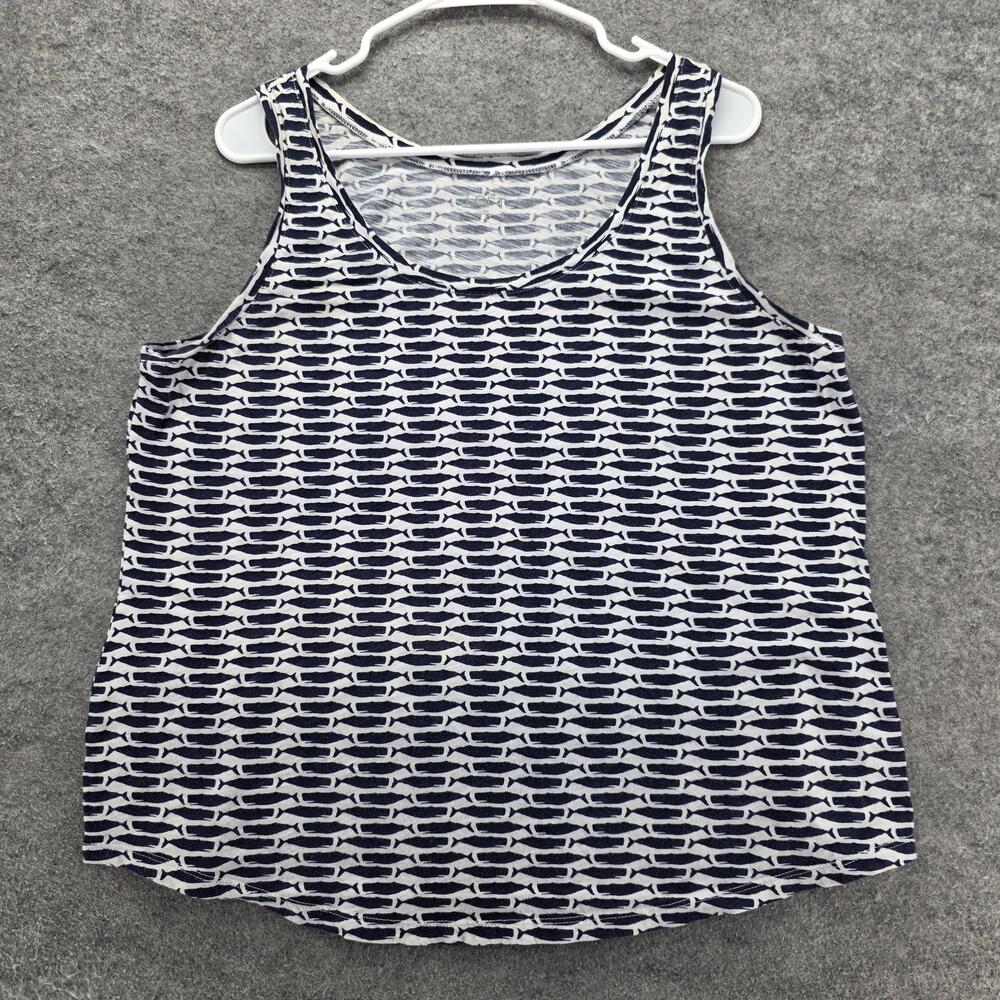 LOFT Tank Top Womens Medium Navy Blue White Fish Print Sleeveless Shirt Cotton